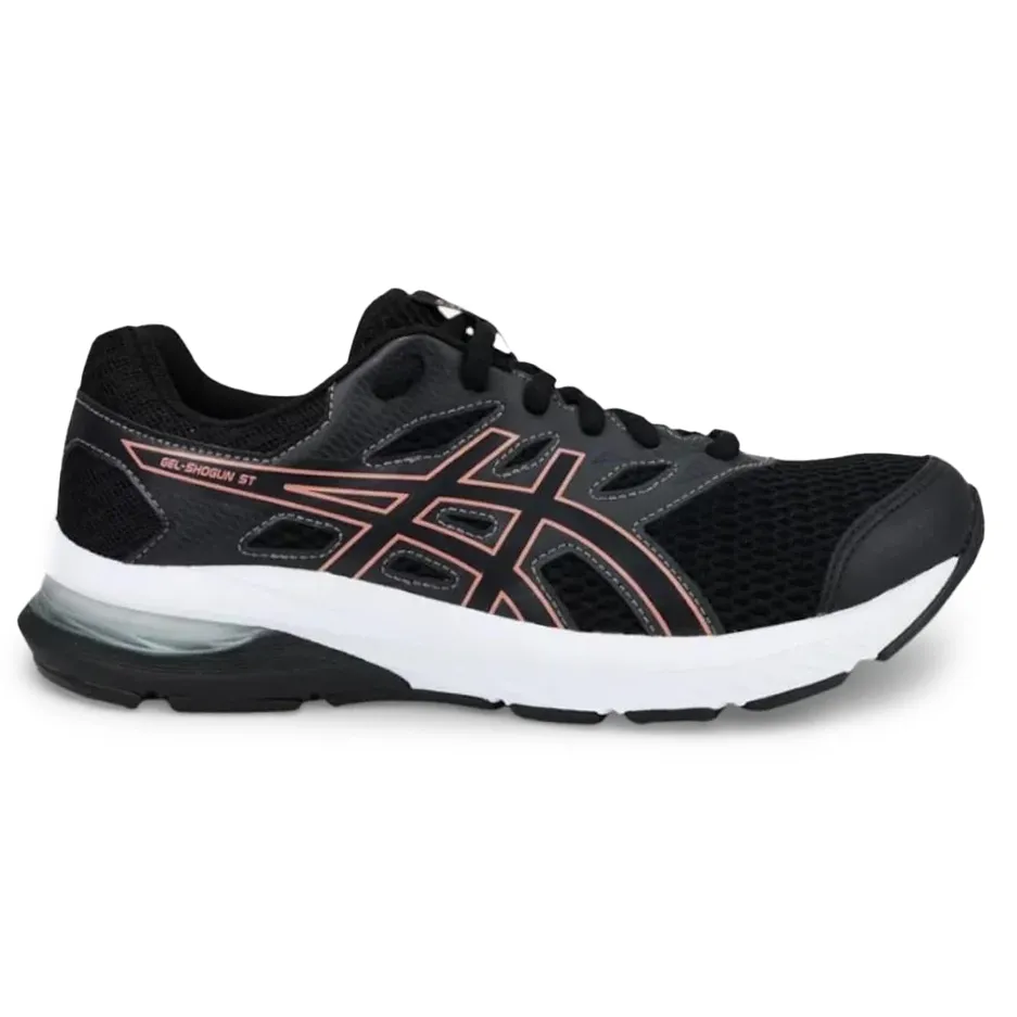Tênis feminino preto e rosa Asics Gel-Shogun ST com detalhes em rosa, vista frontal